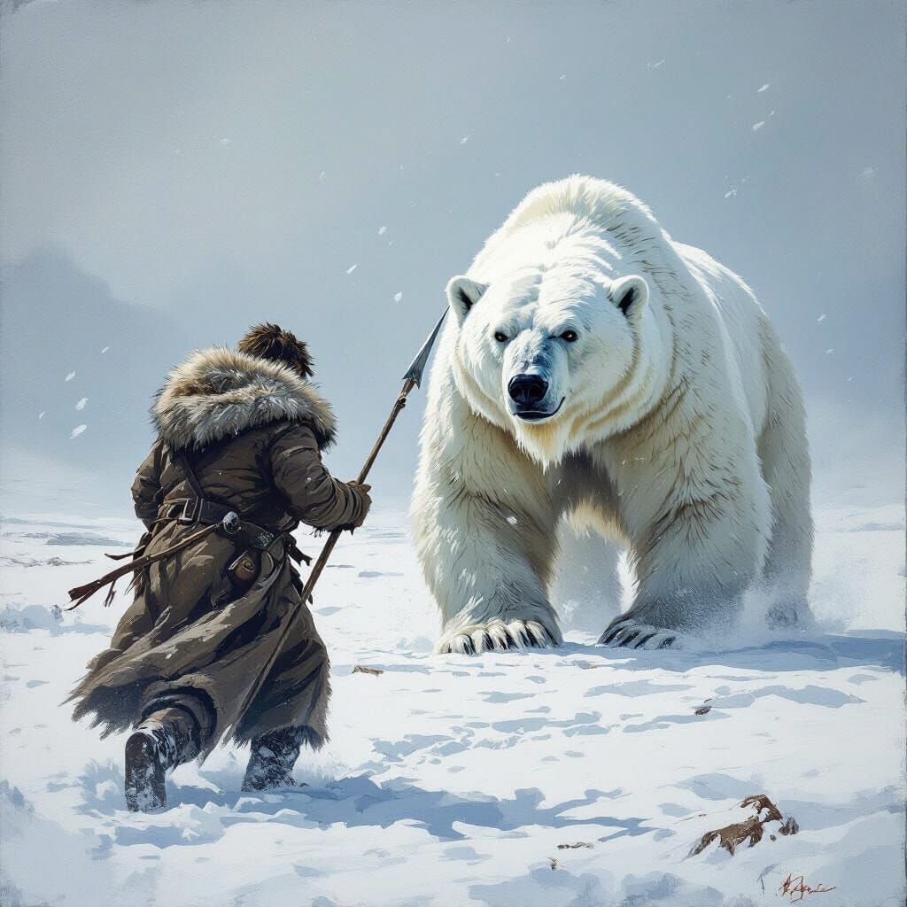 Man Hunting Polar Bear in Tundra Blizzard Oil Painting