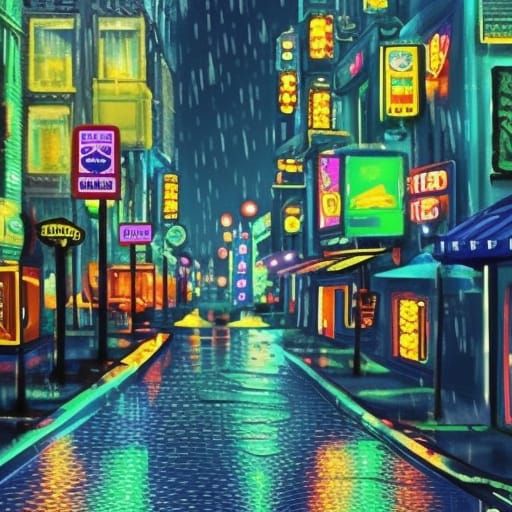 Neon Street Corner on Rainy Night: Digital Art