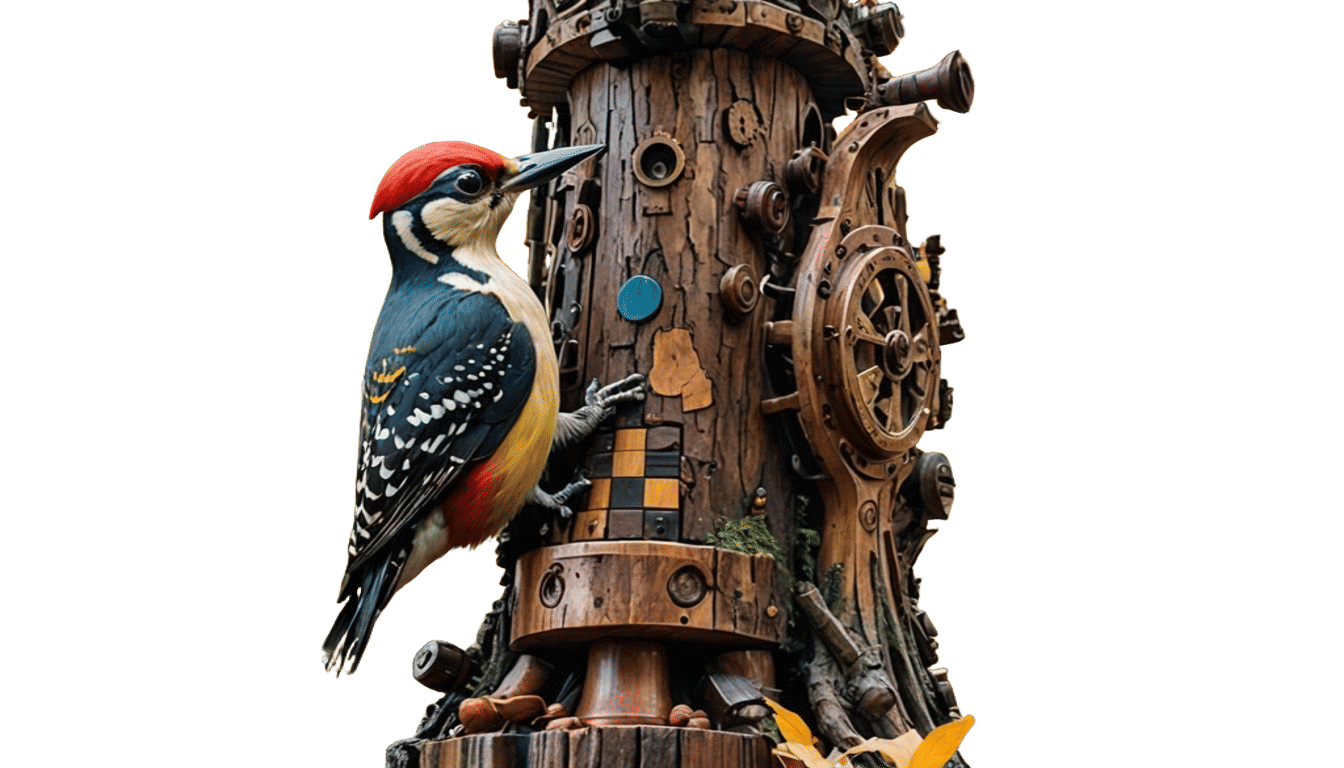 Colorful Woodpecker Crafts Chess Piece: Steampunk Autumn