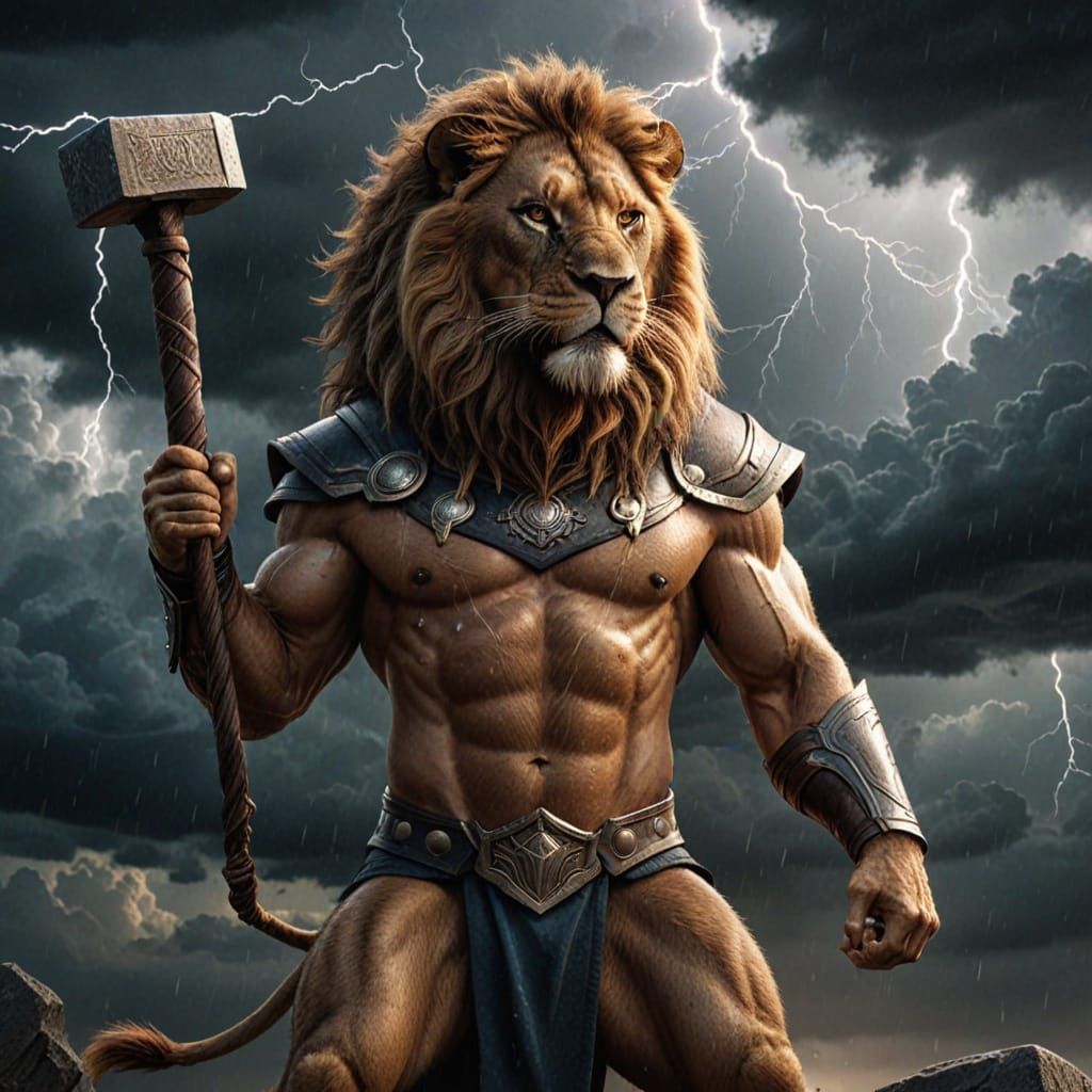 Lion Wields Thor's Hammer in Fantasy Art