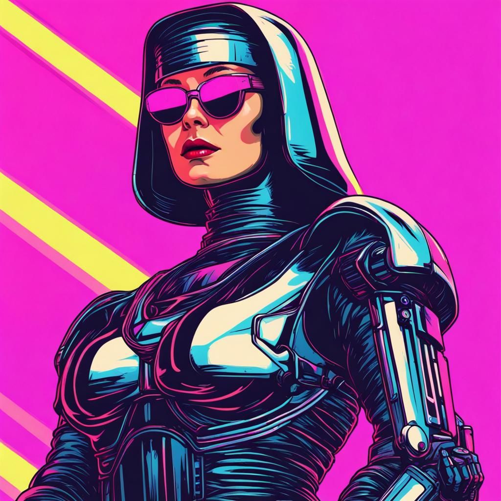 RoboCop Nun in Synthwave Neon Retro Style