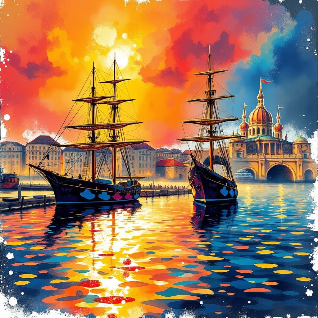 Sunlit Harbor with Sailing Ships in Luminous Fusion Style