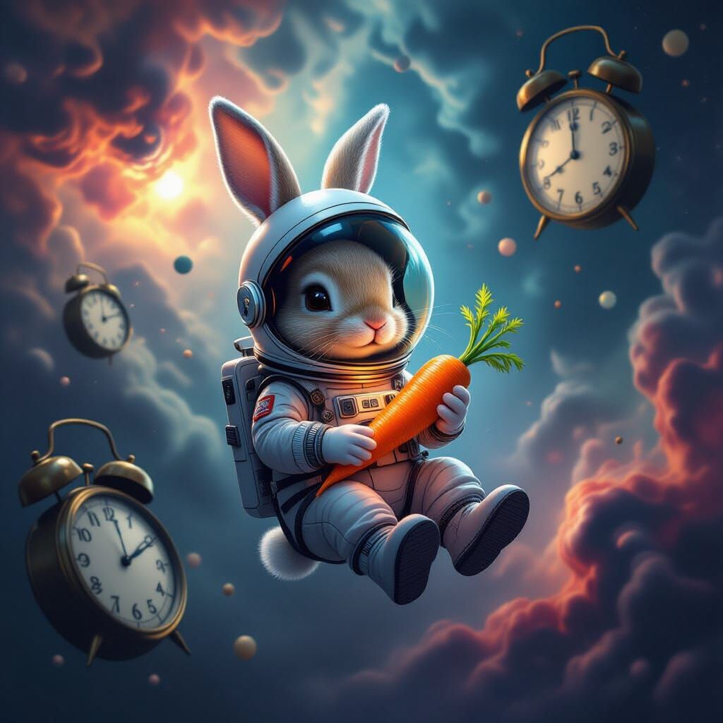 Surreal Rabbit Astronaut in Melting Clock Nebula