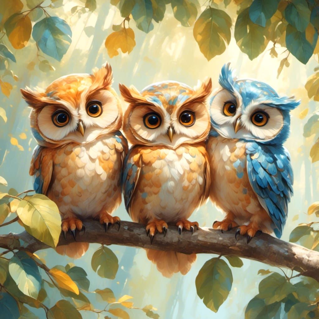 Colorful Owls in Sunny Forest: Whimsical Digital Art