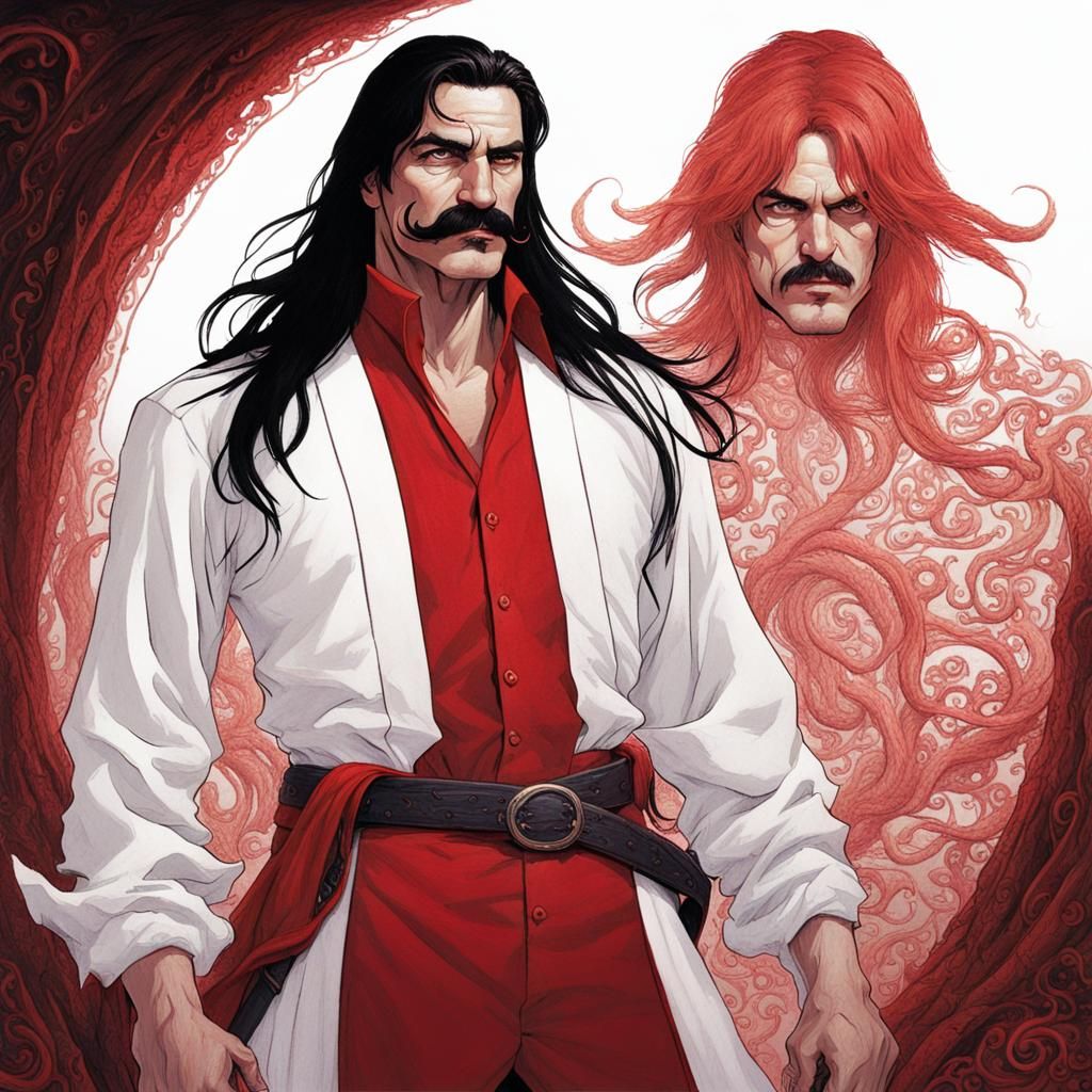 Sinister Man with Black Hair and Red Embroidery