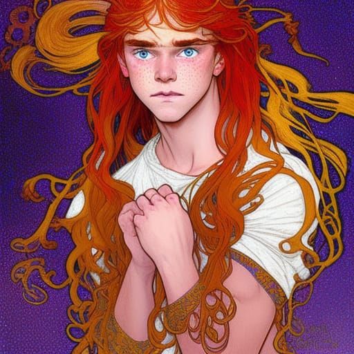 Freckled Teen with Red Hair in Art Nouveau Style