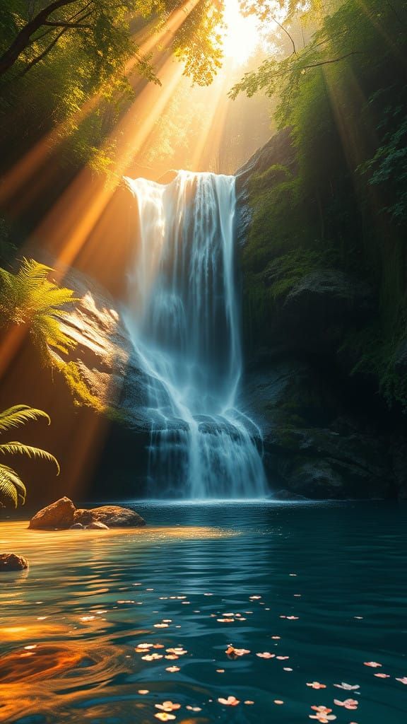 Tranquil Waterfall in Dreamlike Greenery