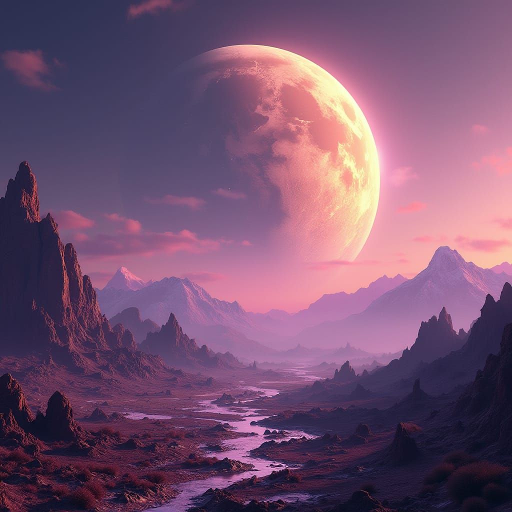 Alien Landscape with Earth: Dark Fantasy Concept Art
