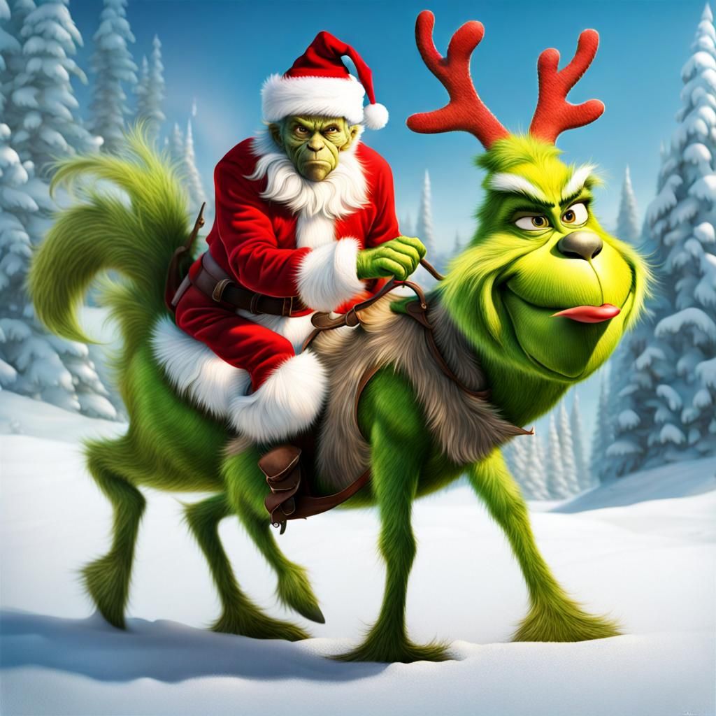 The Grinch Rides Rudolph in Realistic Digital Art