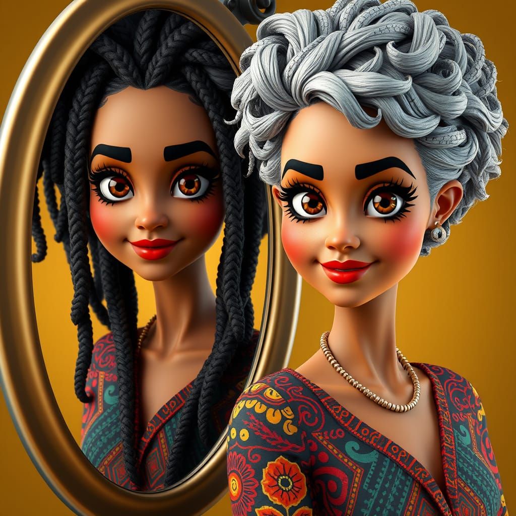 Surreal Portrait of a Young Woman with a Wise, Older Reflect...