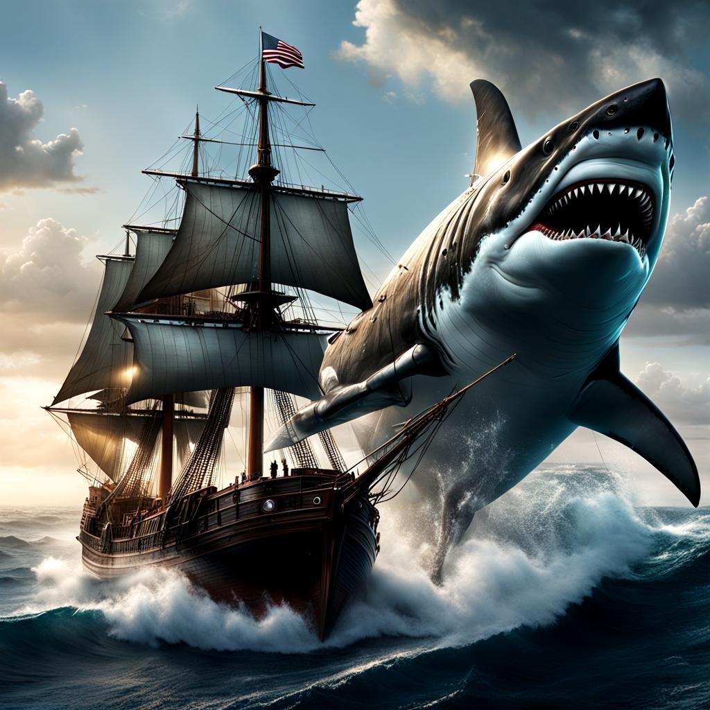 Giant Shark Attacking Schooner Detailed Matte Painting