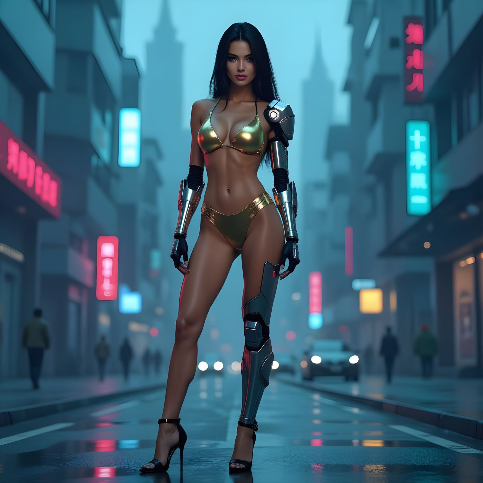 Cybernetic Woman in Gold Bikini, Cyberpunk Cityscape