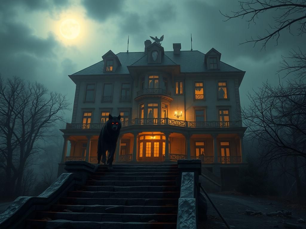 Eerie Haunted Mansion with Werewolf in Syd Mead Style