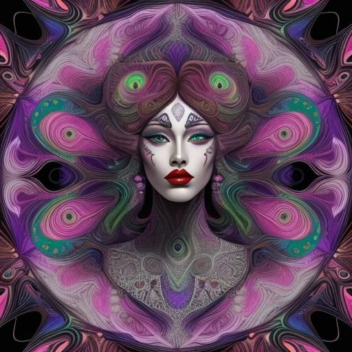 Psychedelic Woman with Peacock Feathers in Fractal Art