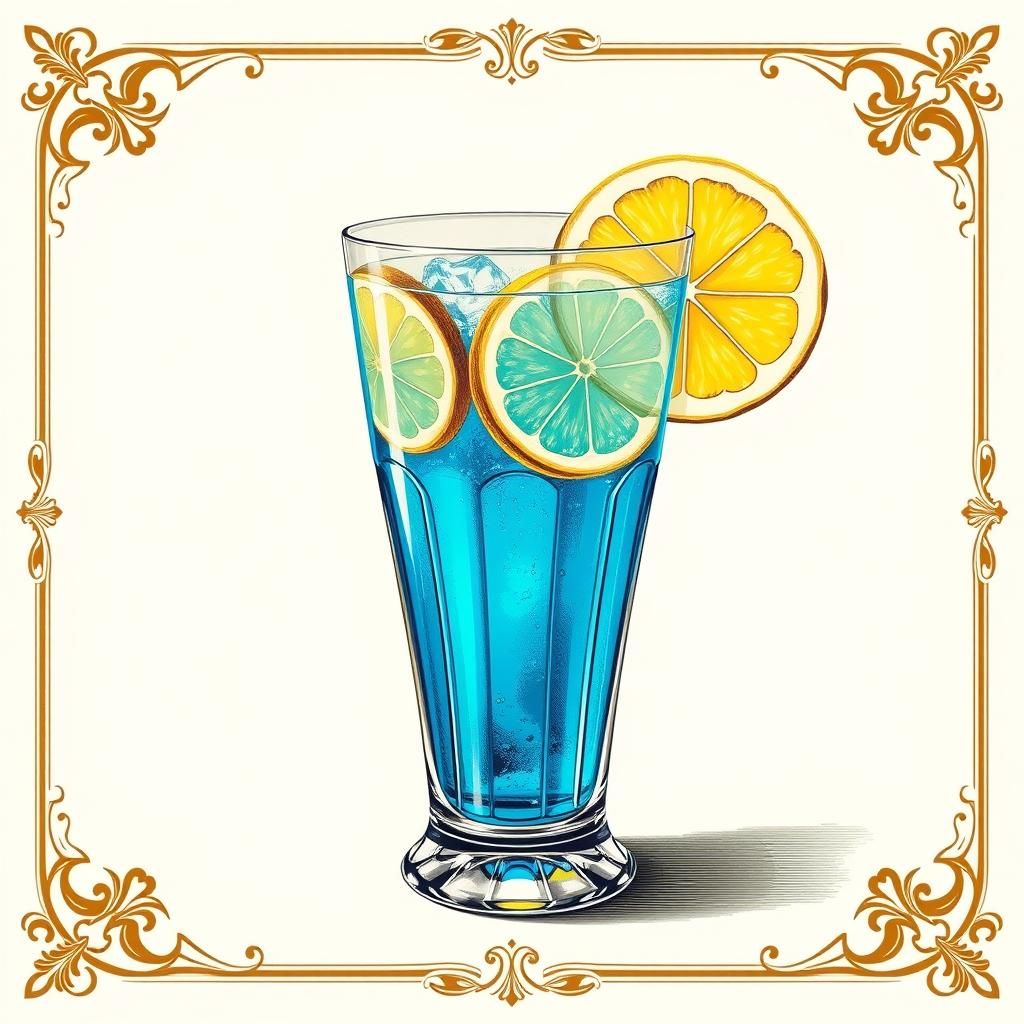 Blue Highball Glass in Wood Engraving Style