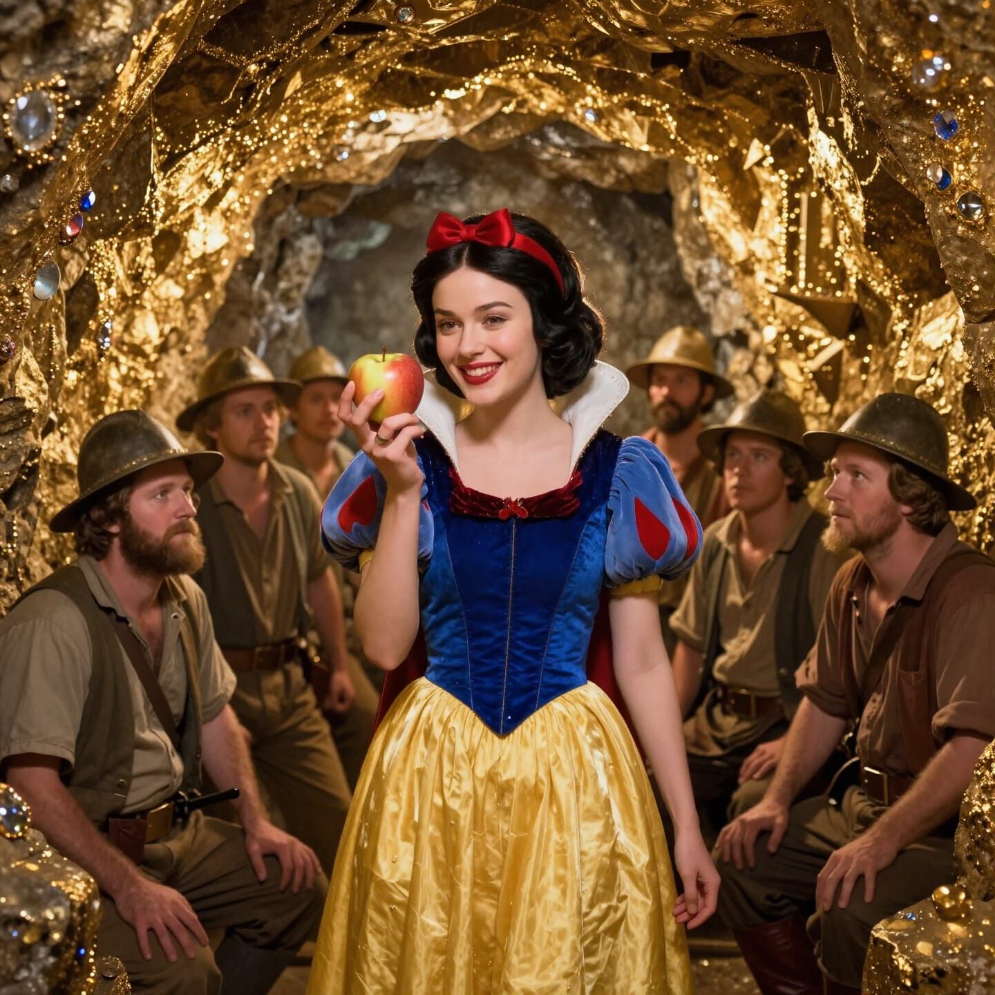 Adult Snow White in Gold Mine with Seven Miners