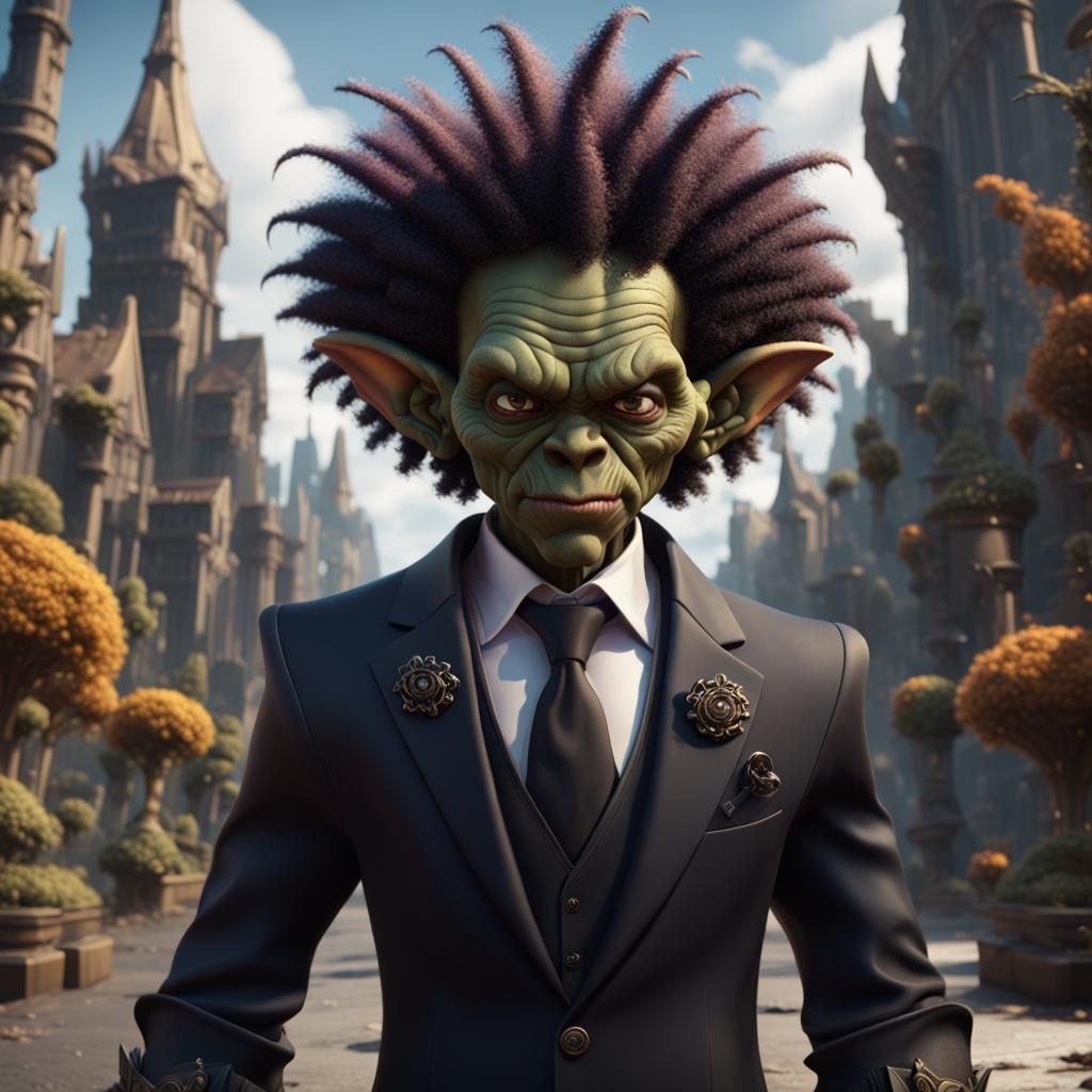 Black Goblin in Suit: Detailed Fantasy Art