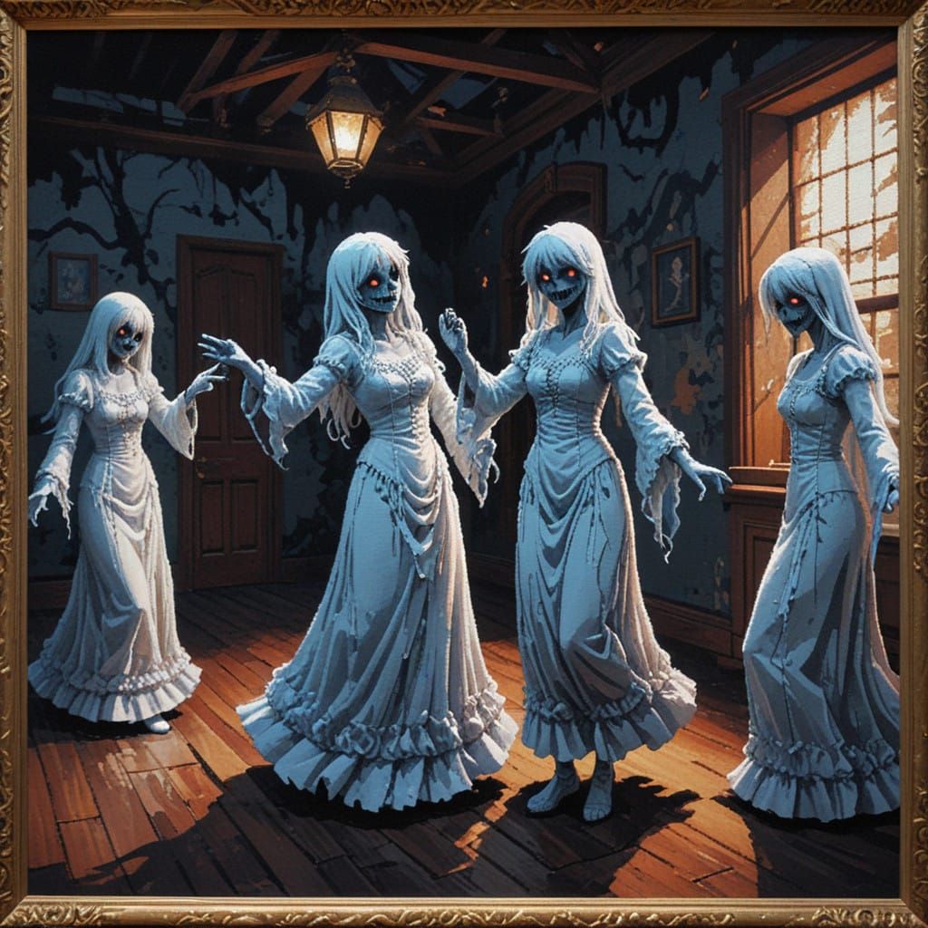 Intricate Anime Needlepoint Dance with Asylum Ghosts