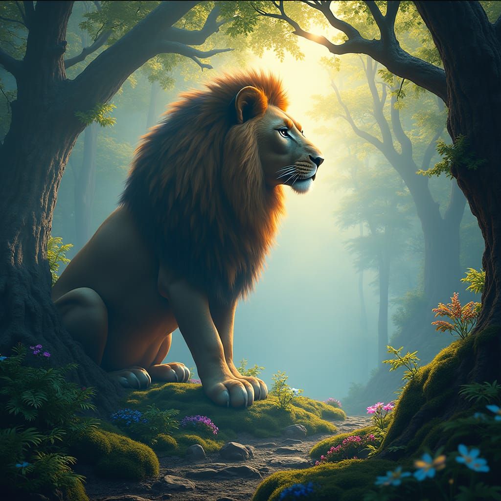 Woodland Lion Guardian in Atmospheric Digital Painting Style