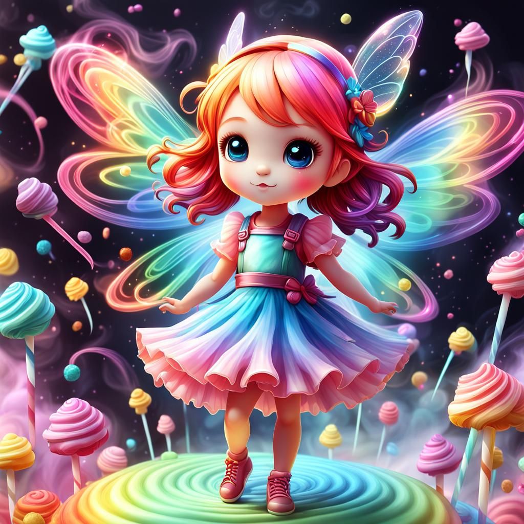 (Charming, super cute, glowing fairy chibi appears from the swirling rainbow smoke) Candy art style! Unusual, playful, c...