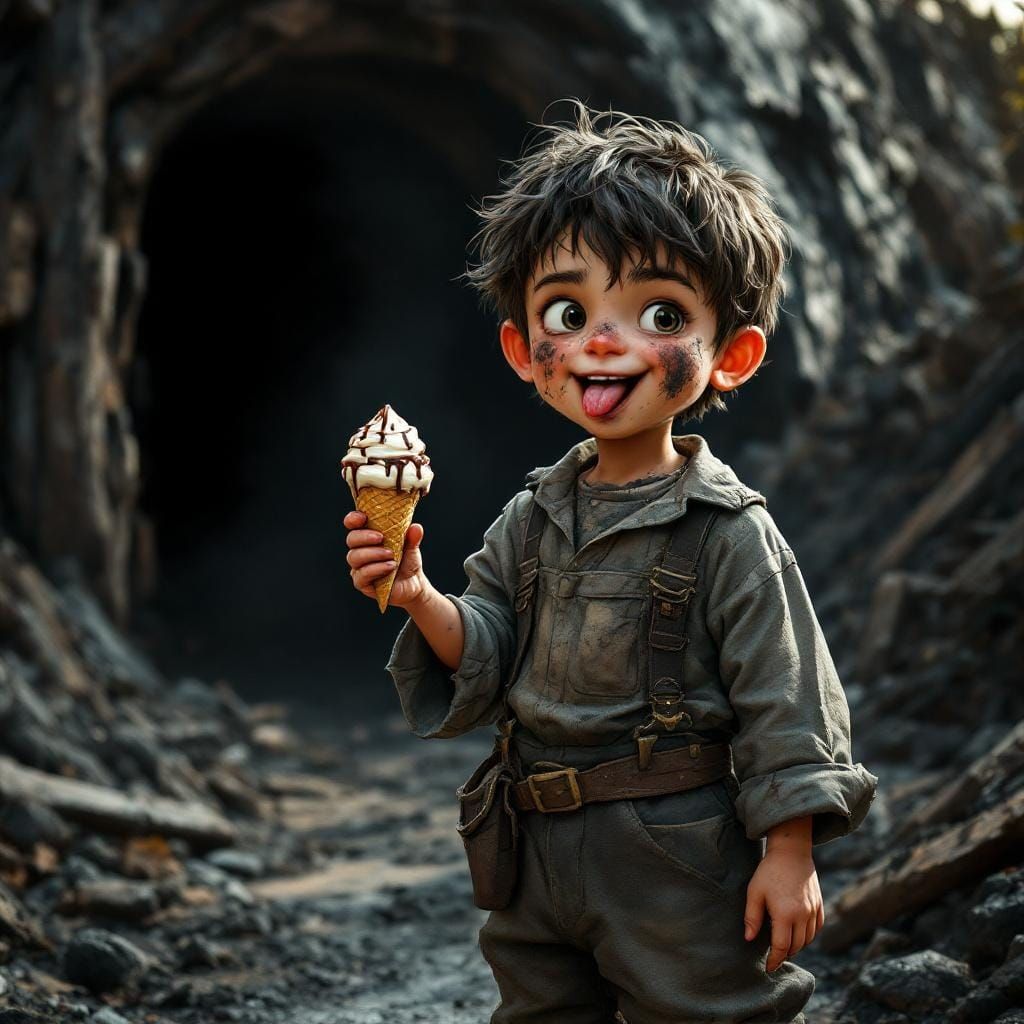 Hyperrealistic Boy with Ice Cream at Coal Mine