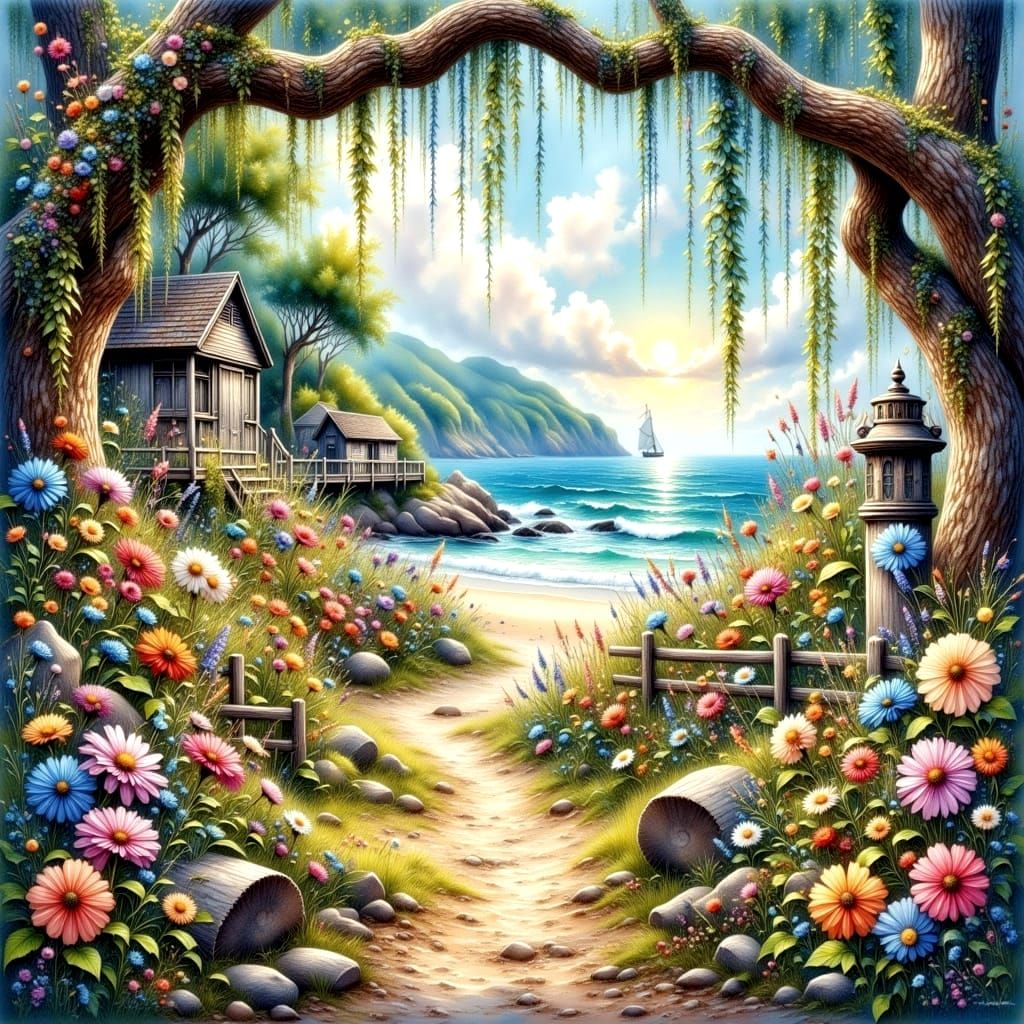 Dreamy Garden by the Ocean in Vibrant, Ethereal Style