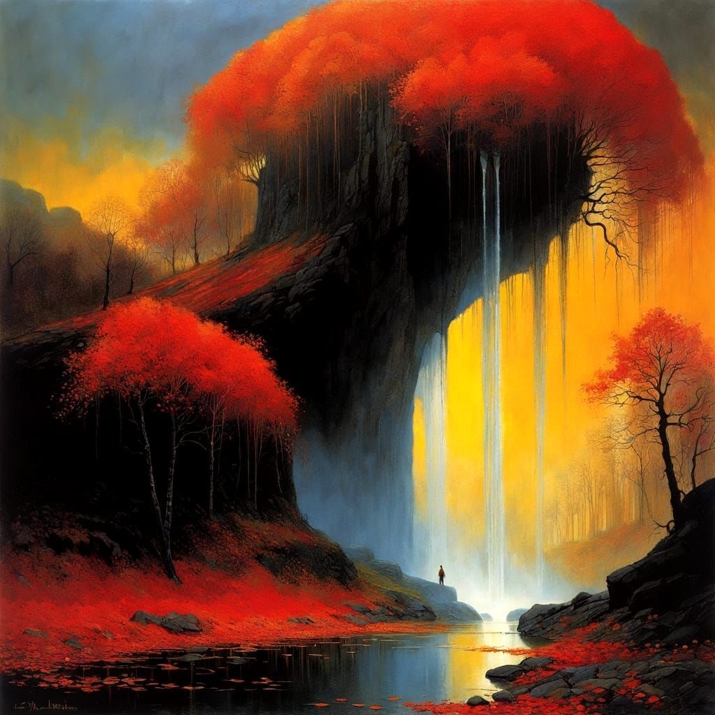 Surreal Autumn Waterfall with Glowing Water