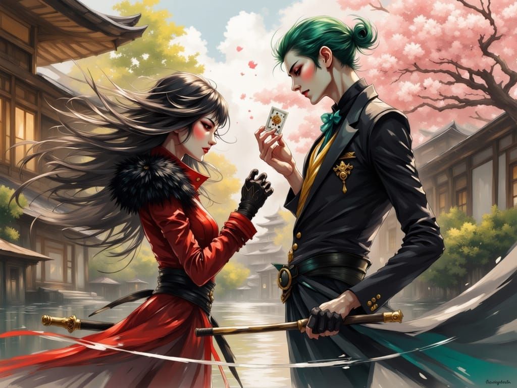 Cruella vs Joker Anime Battle in Japanese Garden