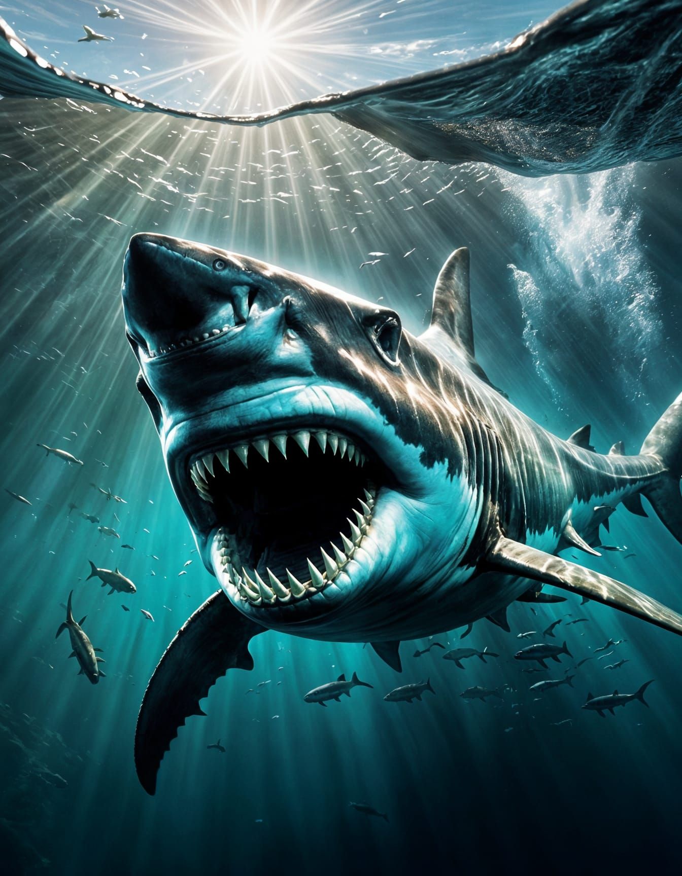 Colossal Bioluminescent Megalodon Shark in Underwater Canyon