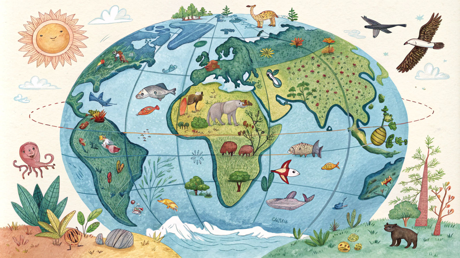 Whimsical Globe with Wildlife in Crayon Style