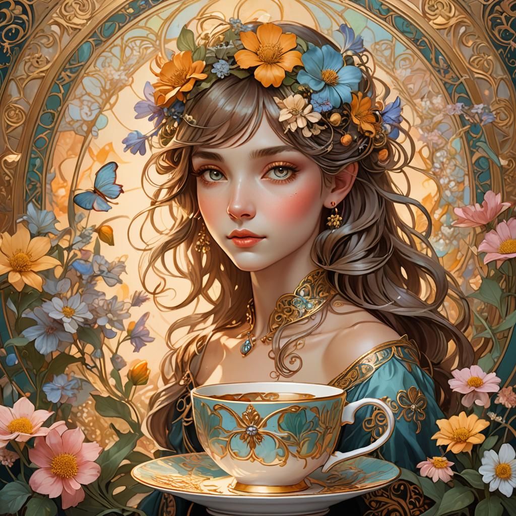Fairies Dance in Teacup: Art Nouveau Portrait