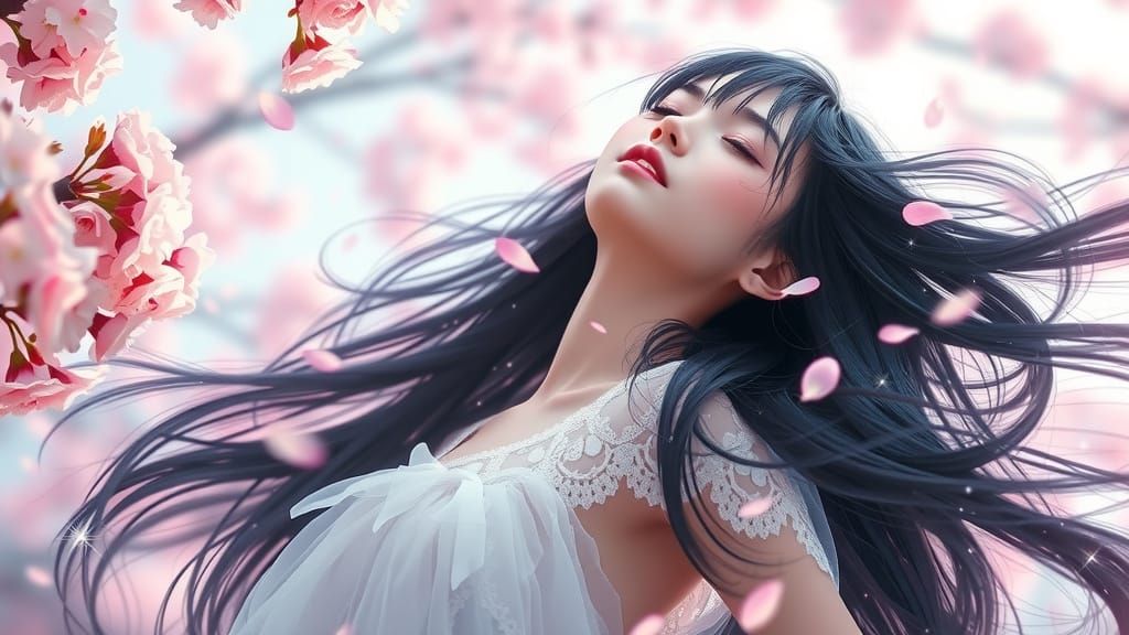 Ethereal Goddess Among Cherry Blossoms in Soft Focus