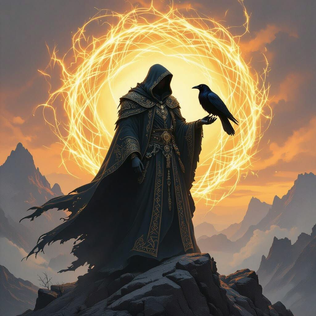 Wizard on Windswept Peak in Gothic Hyperrealism