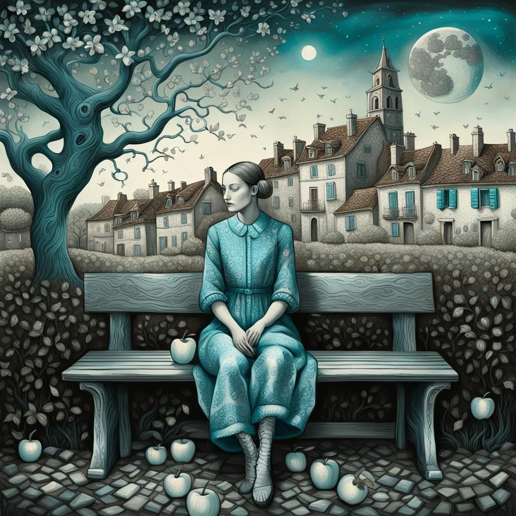 Fantasy Woman on Bench in Alcohol Ink Style