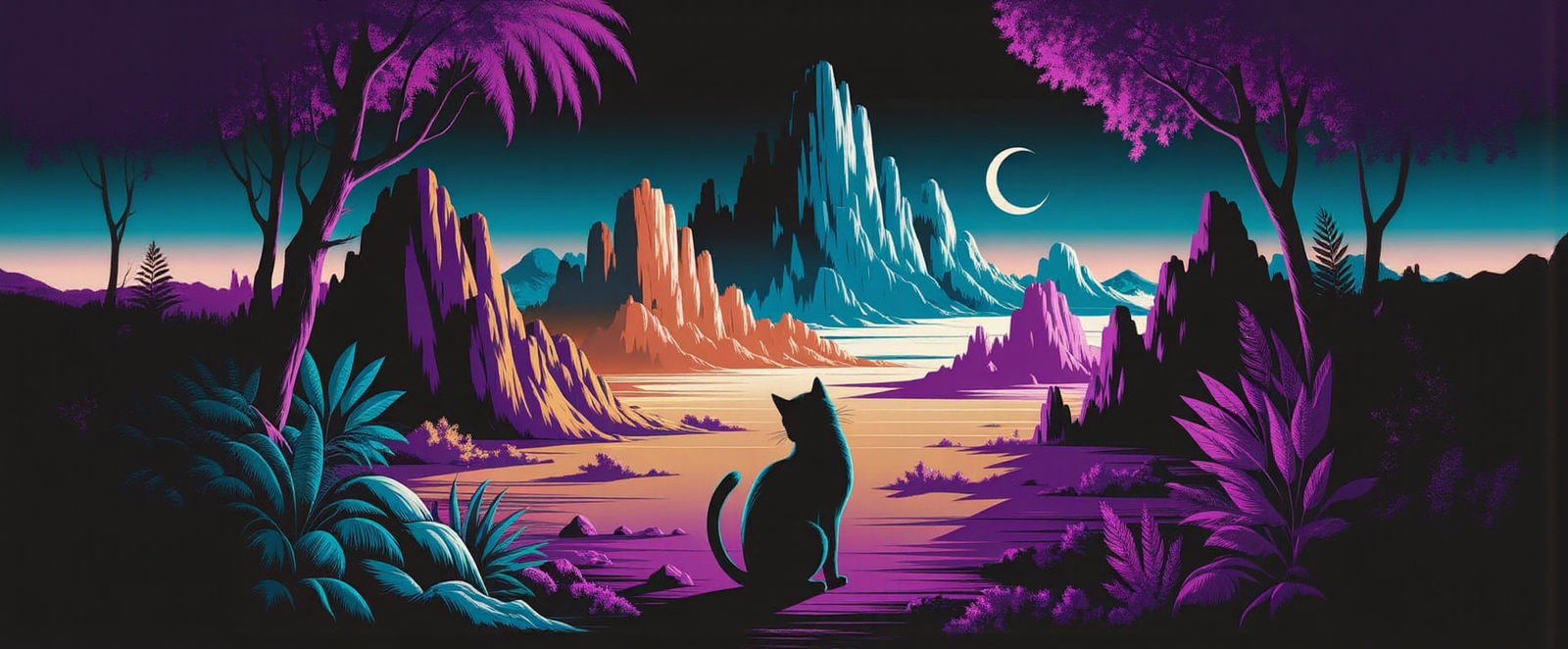 Ethereal Crystalline Cat Under Blacklight in a Surreal Deser...