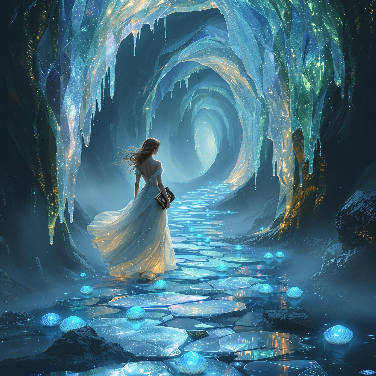Ethereal Woman on Iridescent Glass Pathway
