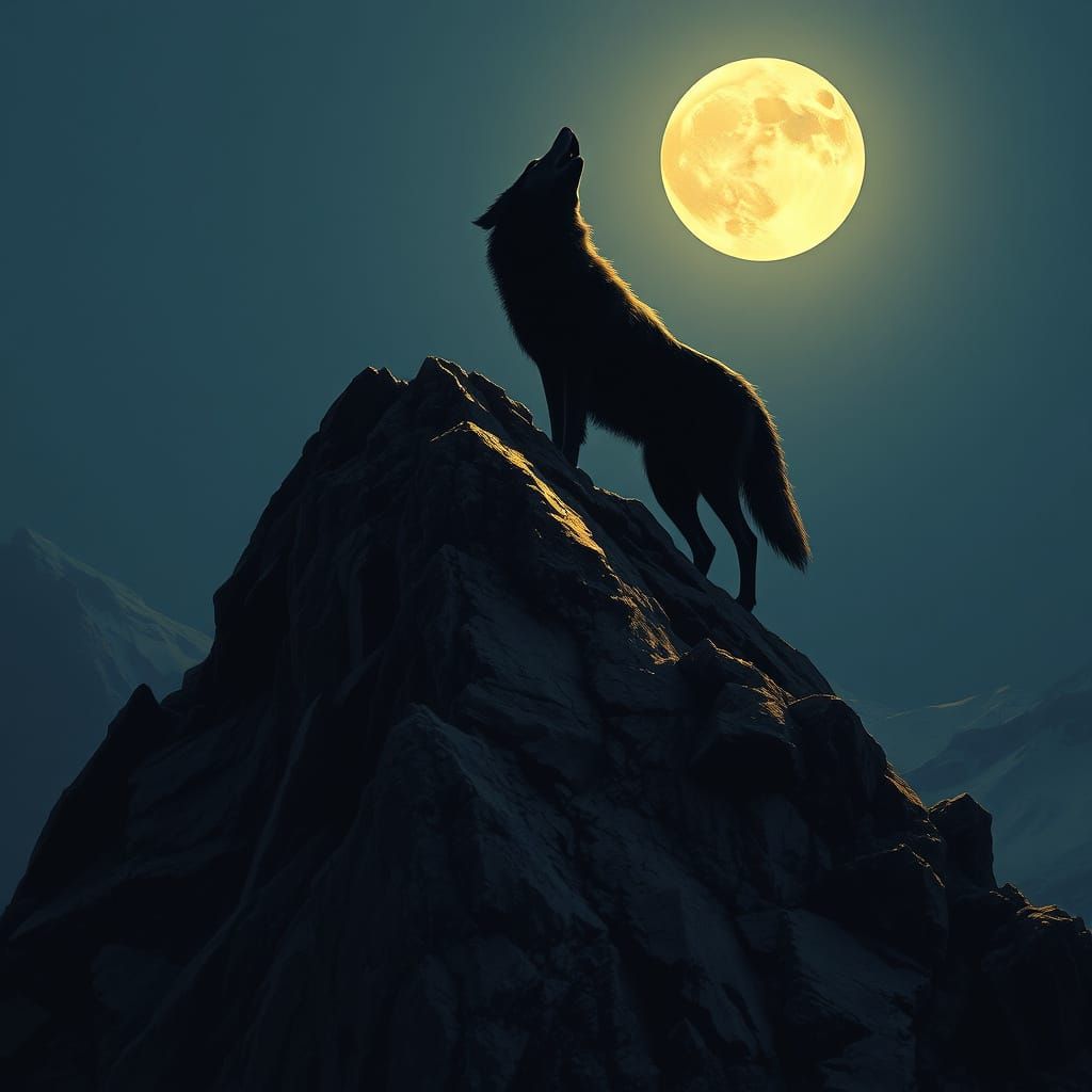 Moonlit Wolf on Mountain, Dramatic Landscape
