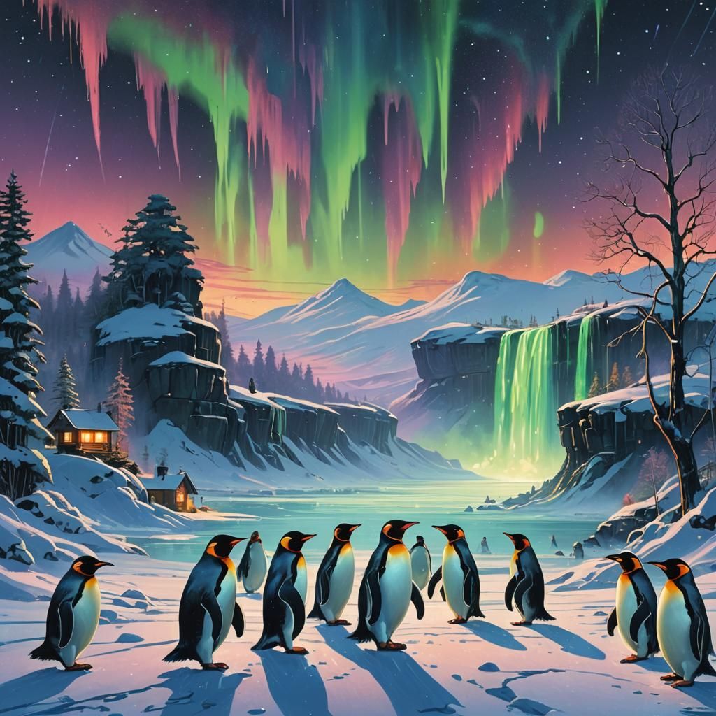 Penguin Pirouette Under Aurora Borealis
