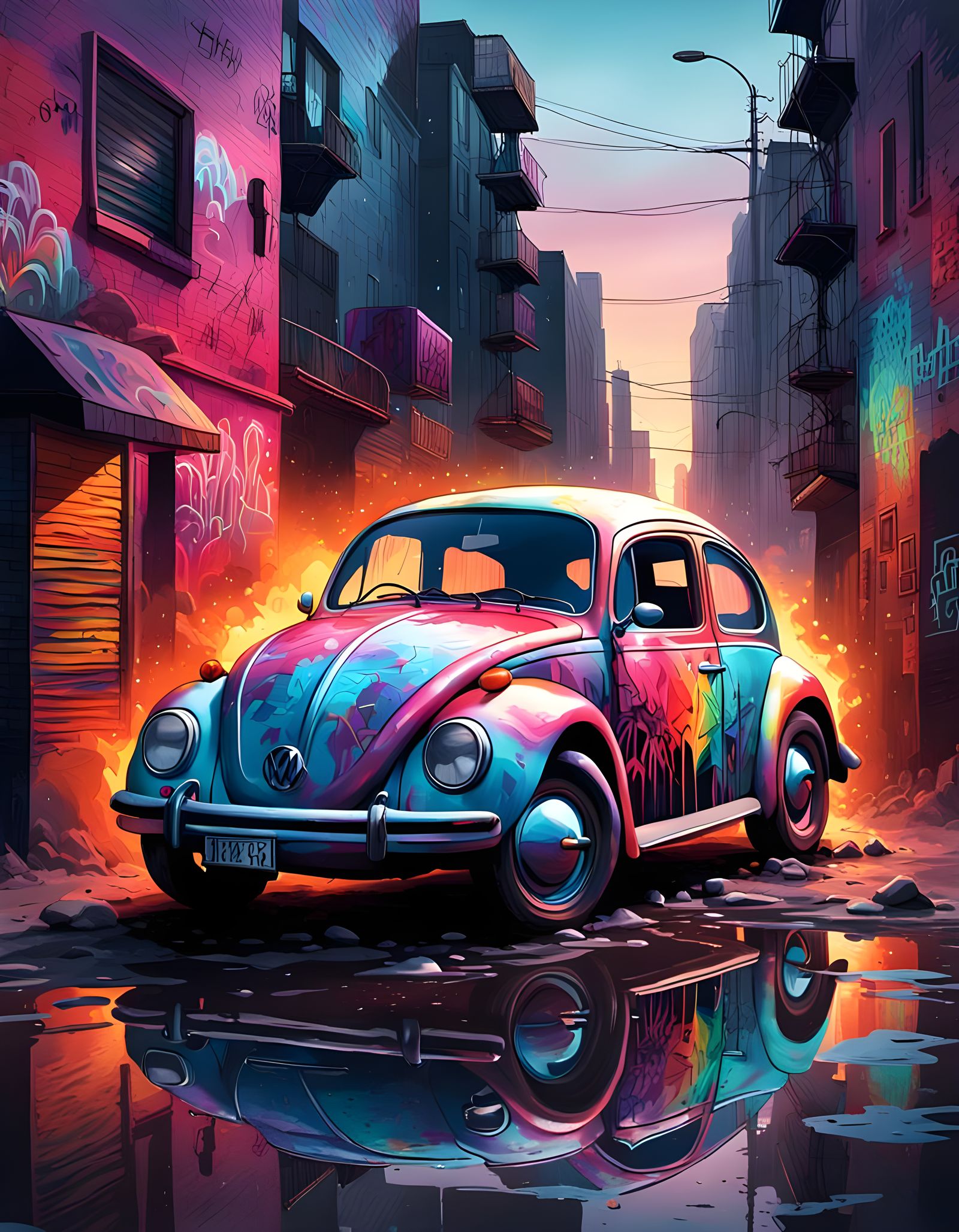 Vibrant VW Beetle in Post-Apocalyptic City, Graffiti Art