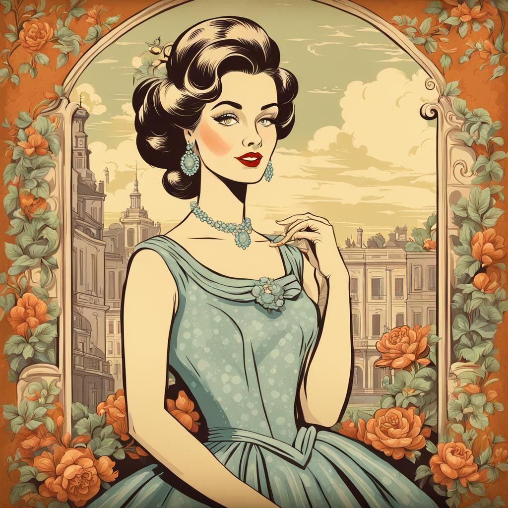 Vintage Cartoon Mural of a Beautiful Young Lady