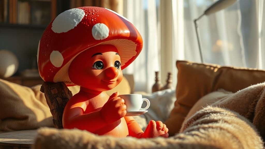 Mushroom Friend Enjoys Tea in Cozy Living Room Scene