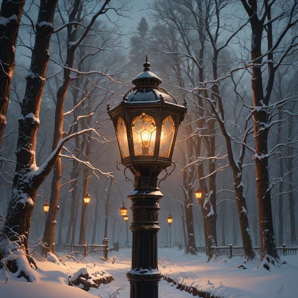 Victorian Lantern in Snowy Woods: Hyperrealistic Dark Fantas...