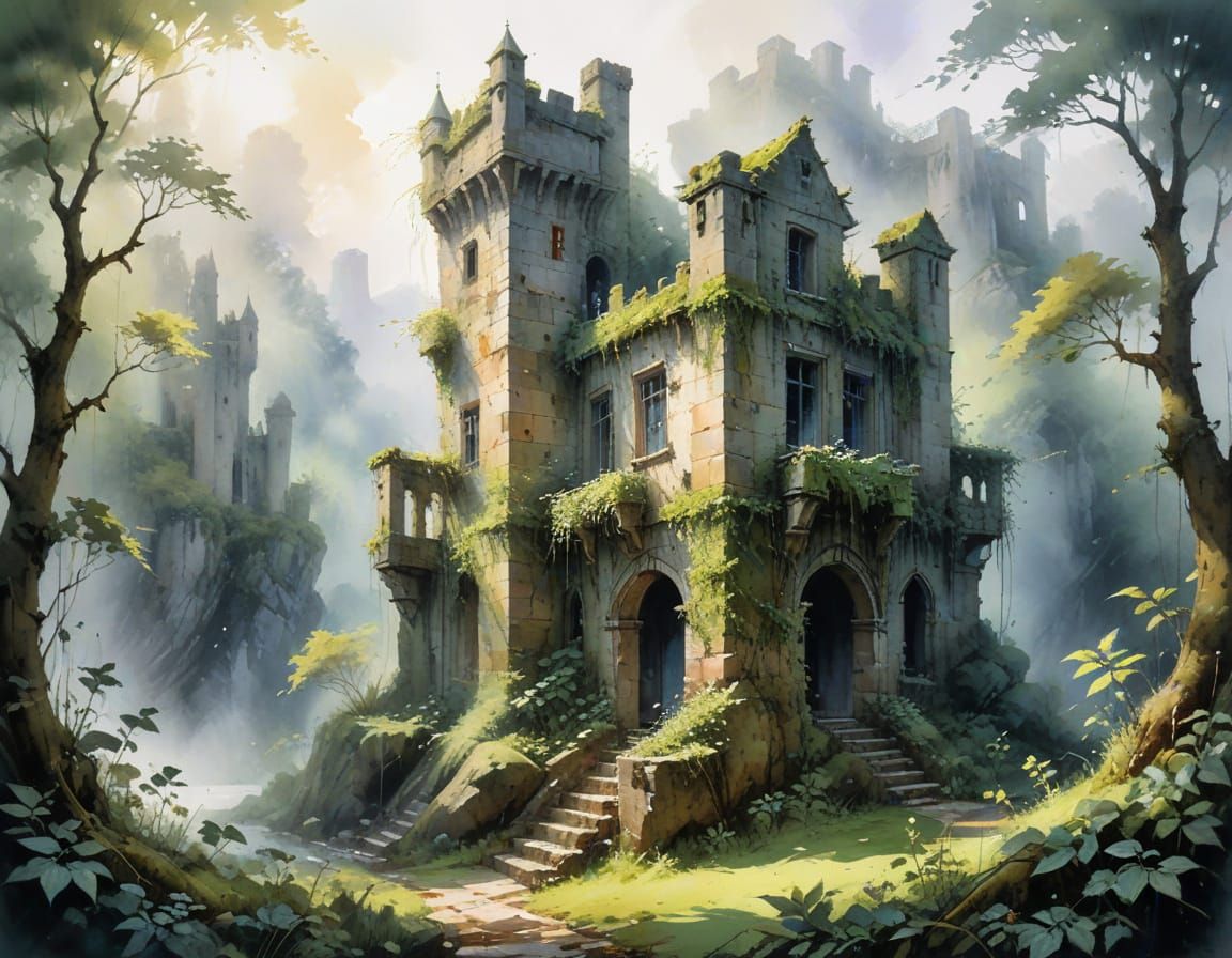 Enchanted Fortress in Early Mist: Watercolor and Light