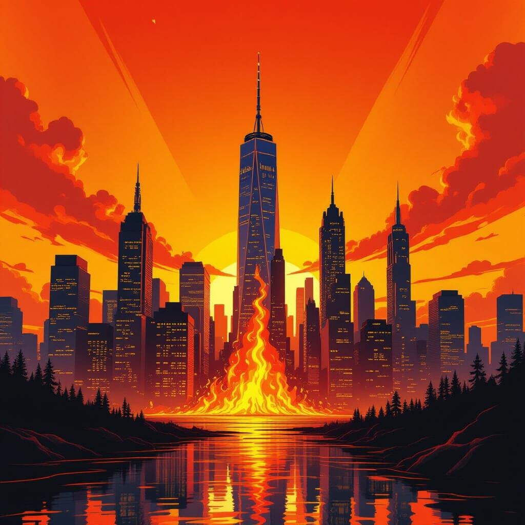 Surreal Melting Cityscape in Fiery Digital Art Style