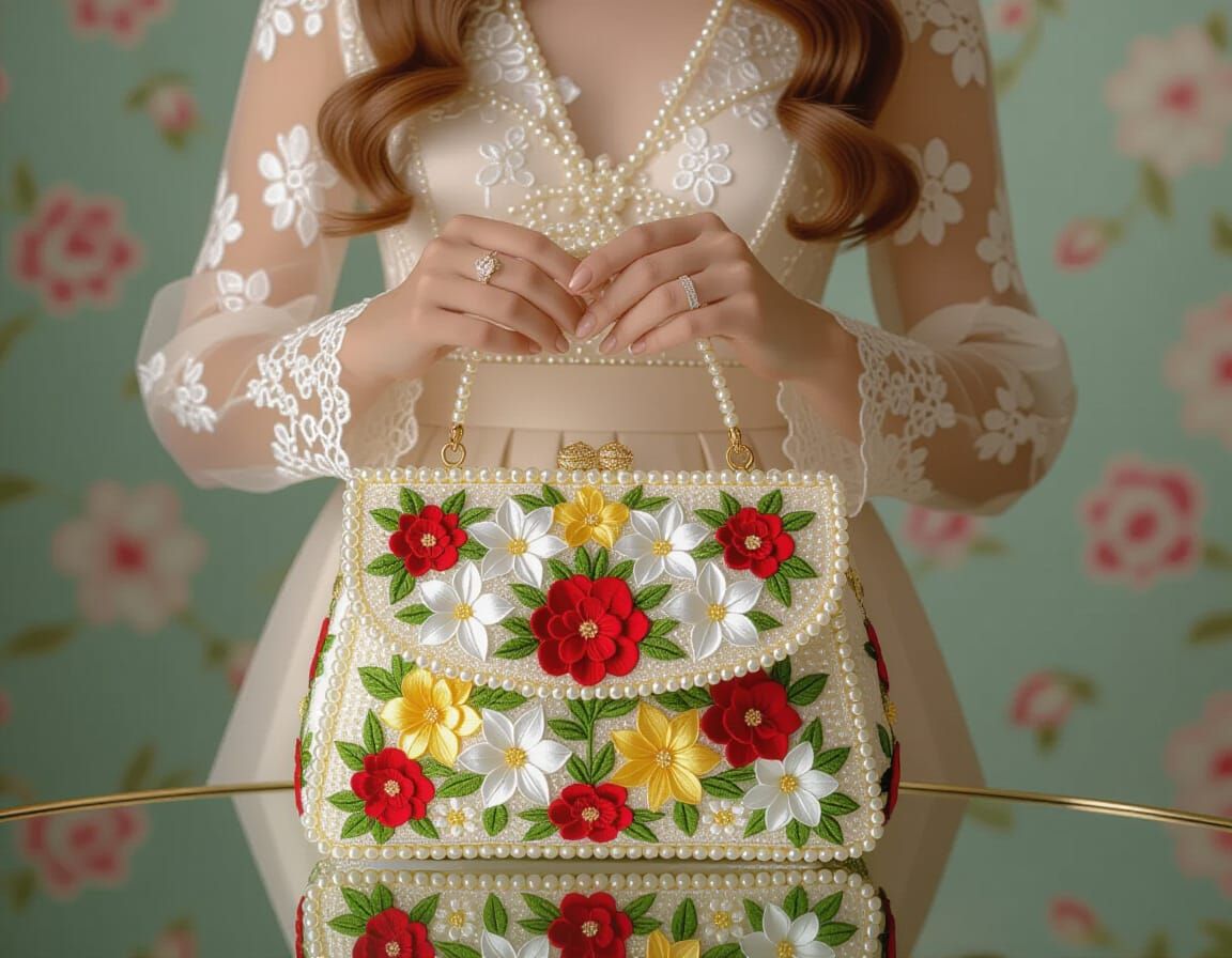 Elegant Woman with Embroidered Bag in Pastel Colors