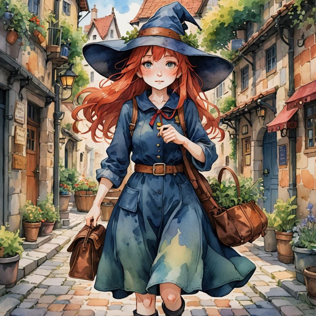 Charming Anime Witch with Red Hair in Ghibli Style