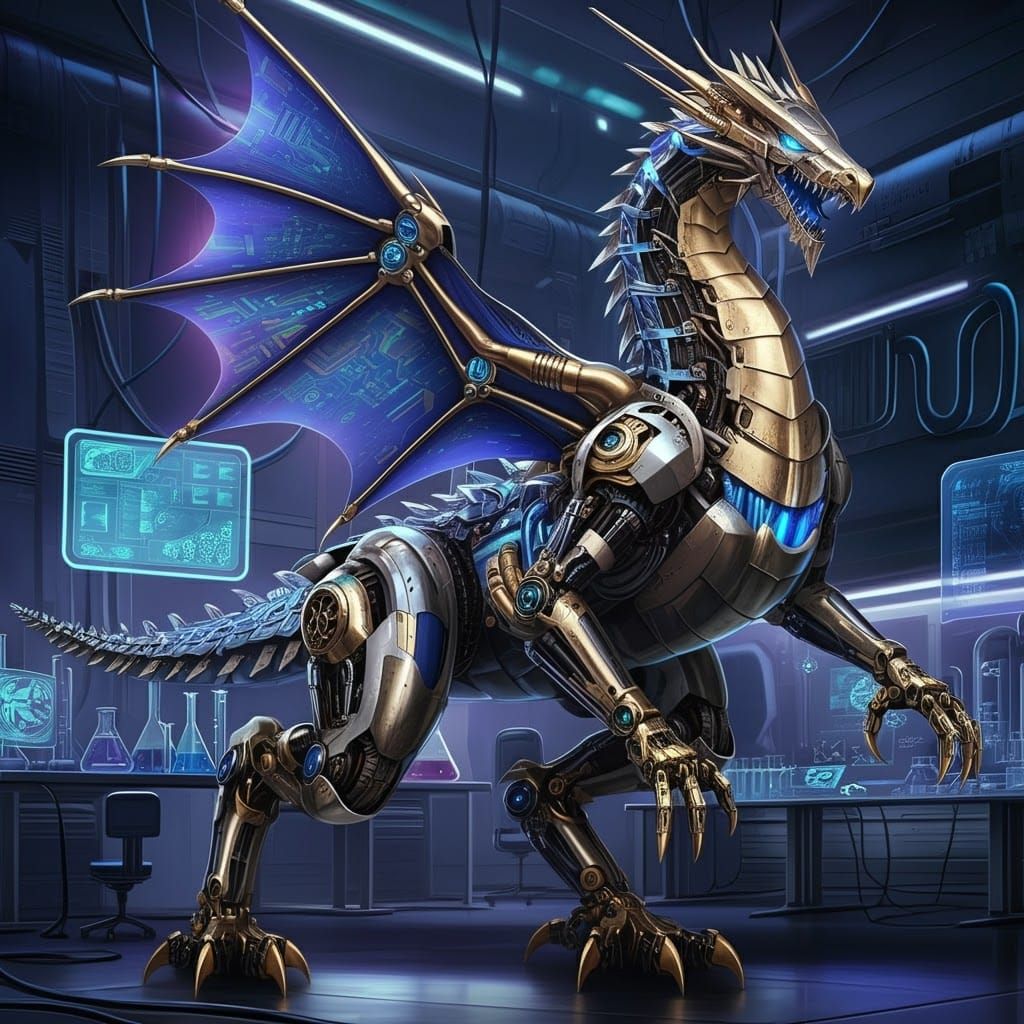 Majestic Mechanical Dragon Robot in Futuristic Lab