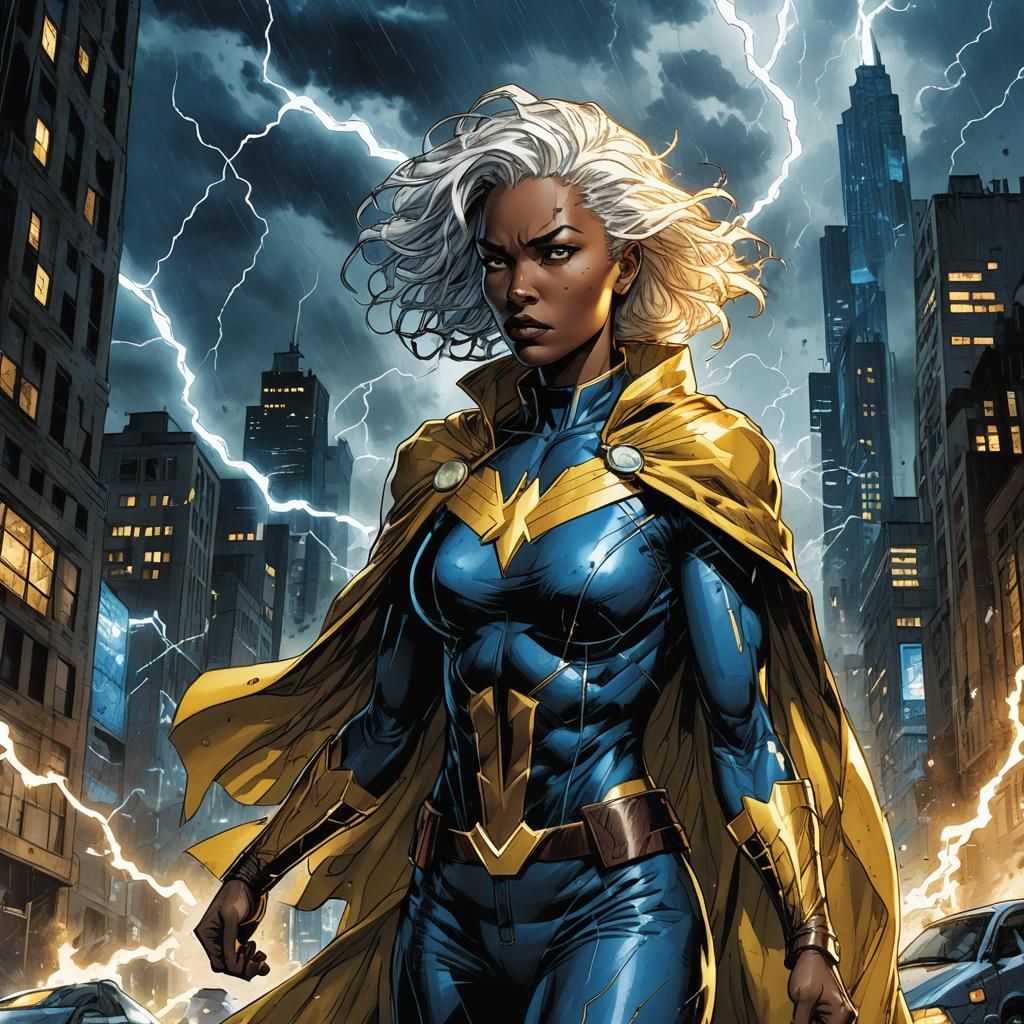 Storm from X-Men in a Stormy Cityscape