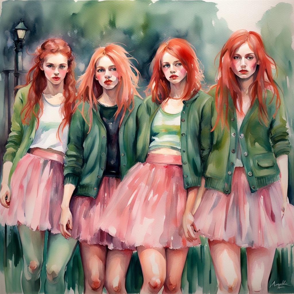 Glamorous Women with Red Hair: A Watercolor Painting