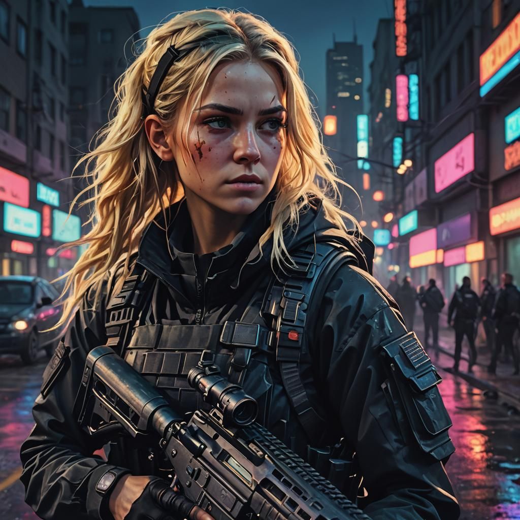 Female Sniper on City Patrol at Dusk: Concept Art